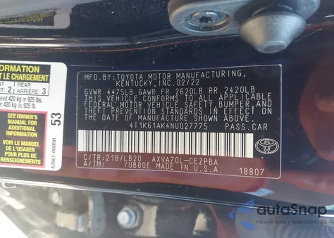 2022 Toyota Camry Xse из США, поврежденный, VIN 4T1K61AK4NU027775